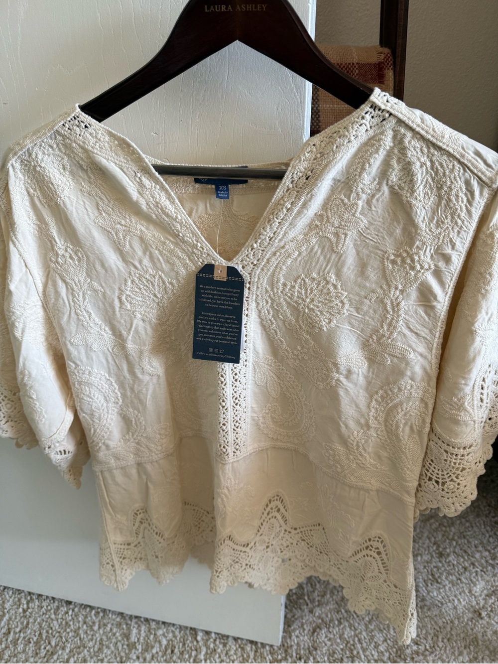 Laura Ashley Cream V-Neck Embroidered Lace Blouse